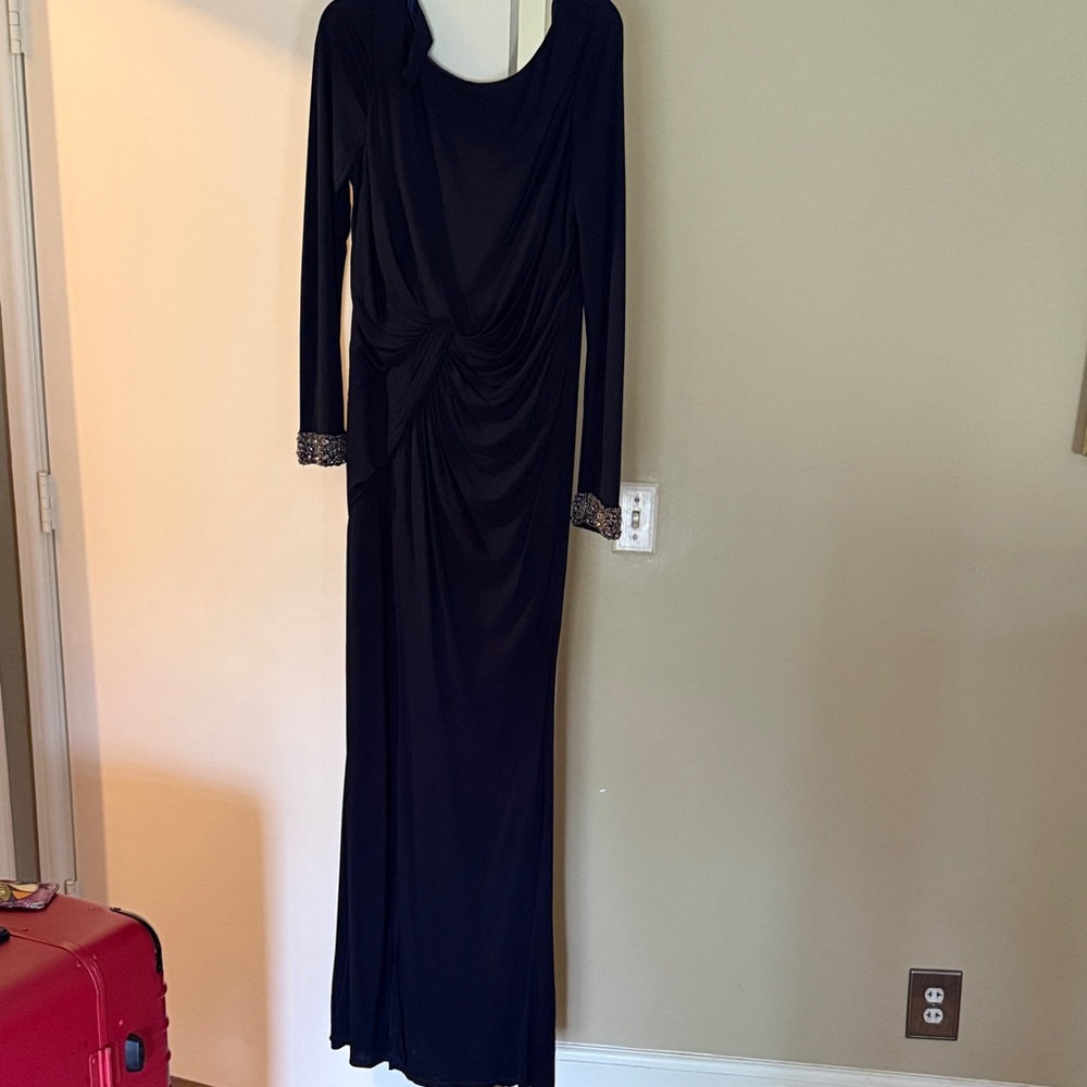 David Meister Sophisticated Navy Gown with Embellished Cuffs